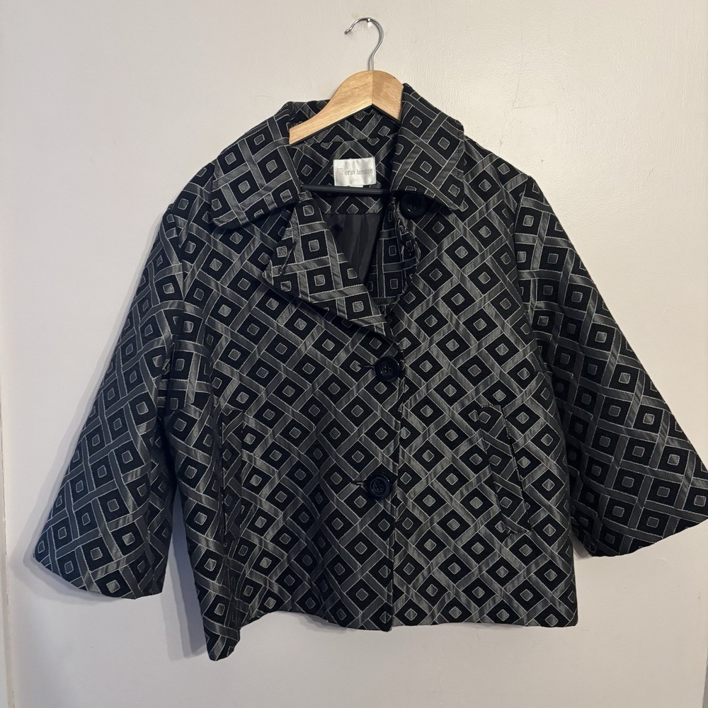 Erin London Women's Black Gray Geometric Jacket‎ Blazer Pockets Lined Size 1X